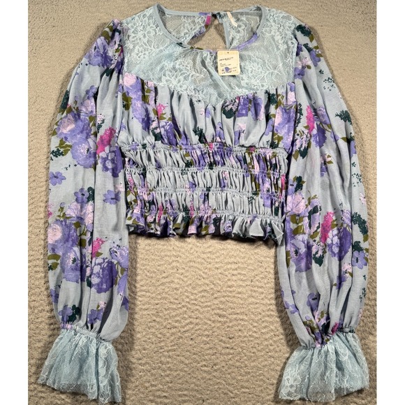 Free People Tops - Free People Top Blouse Women Large Daphne Blue‎ Floral Lace Smocked Cropped Boho